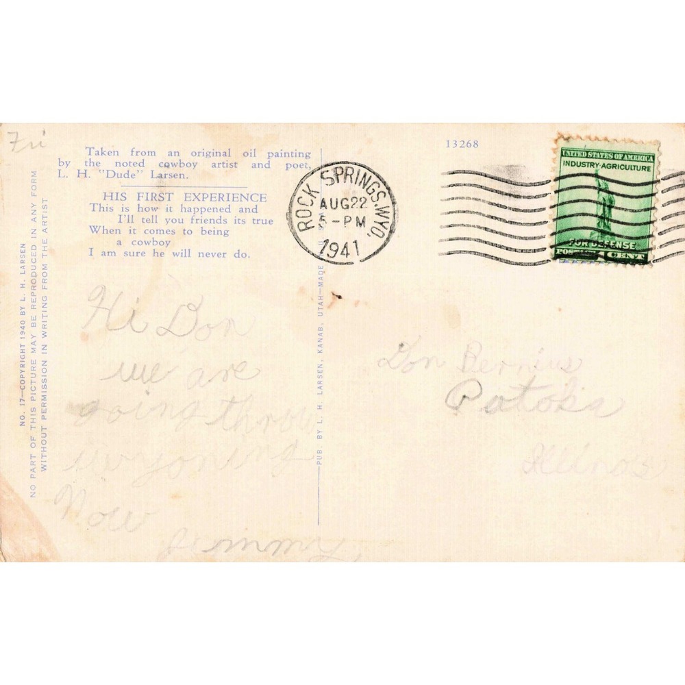 Vintage 1940 Dude Larsen His First Experience Rodeo Cowboy Linen Postcard WYO - Picture 2 of 2